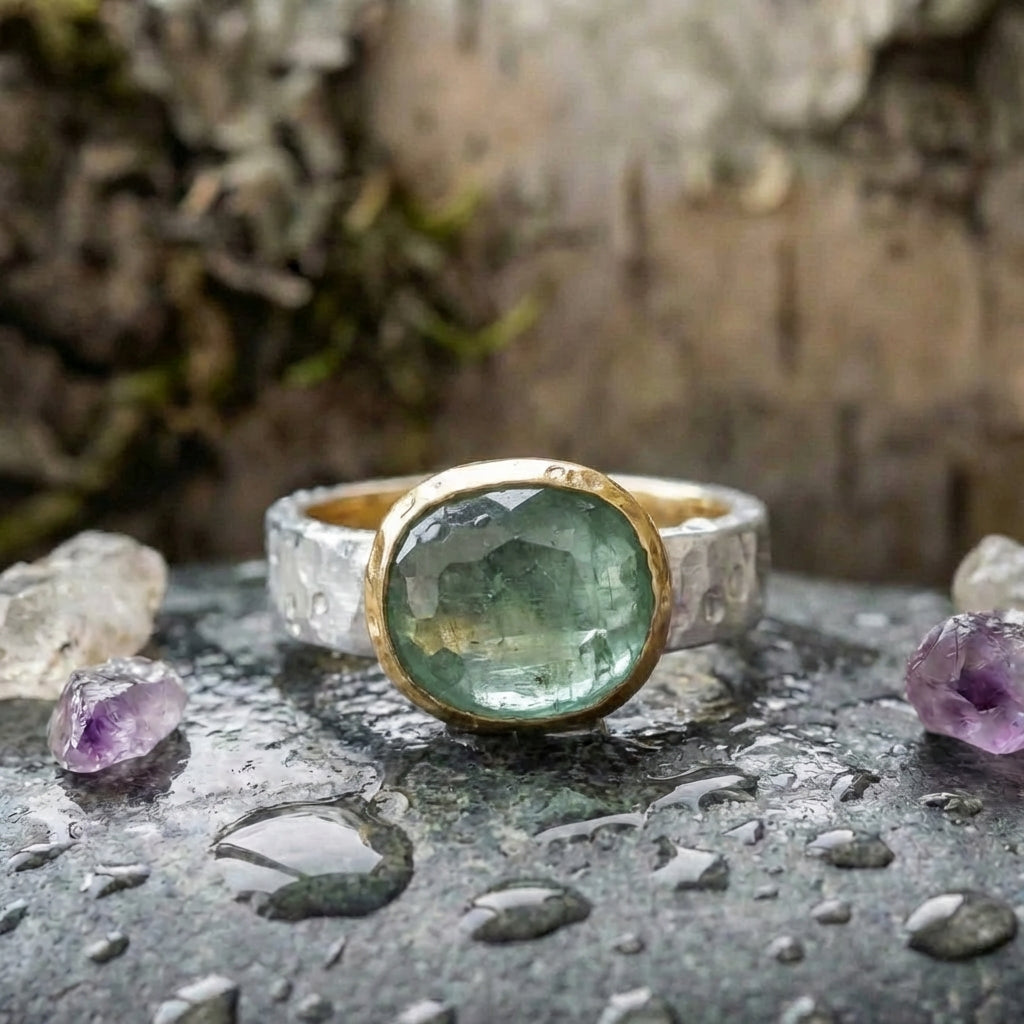 A Vintage Green Glass Gold & Silver Forged Ring