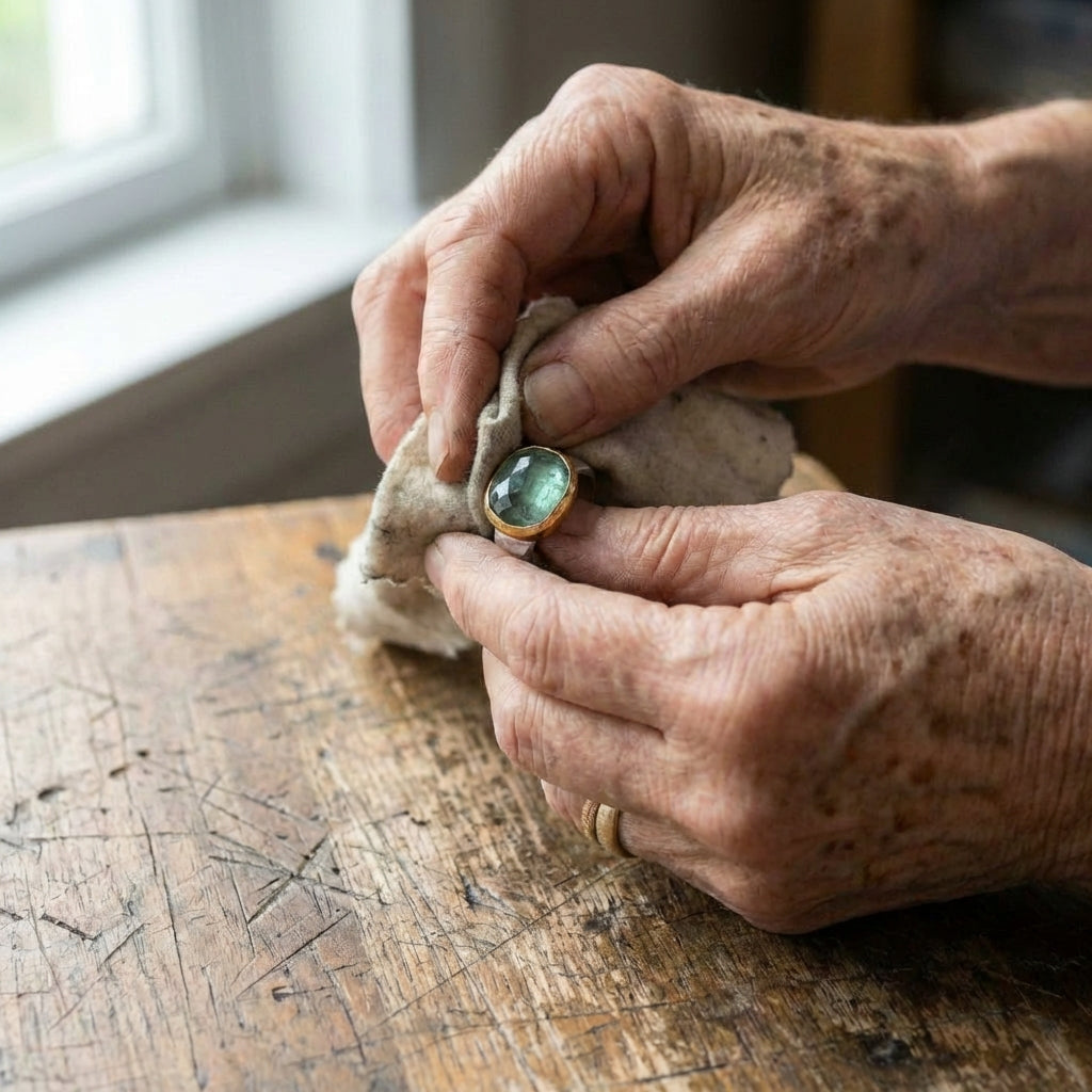A Vintage Green Glass Gold & Silver Forged Ring