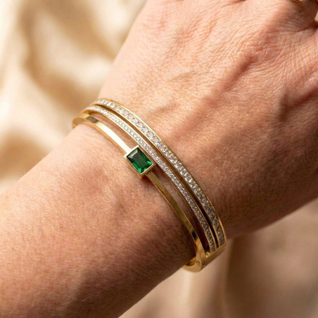 Vintage Green White Rhinestone Cuff Bracelet
