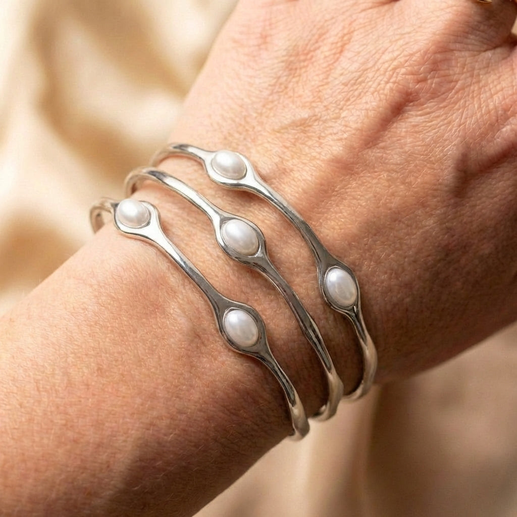 Vintage Layered Silver Pearl Bangle Bracelet