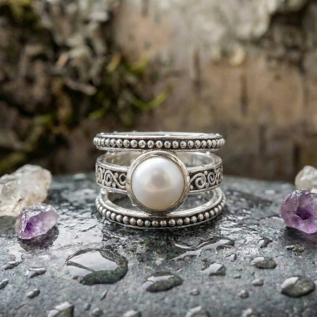 A Vintage Layered Silver Pearl Ring