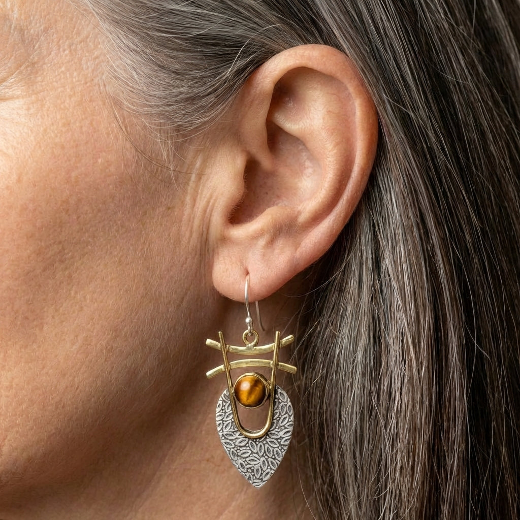 Vintage Orange Stone Gold & Silver Earrings