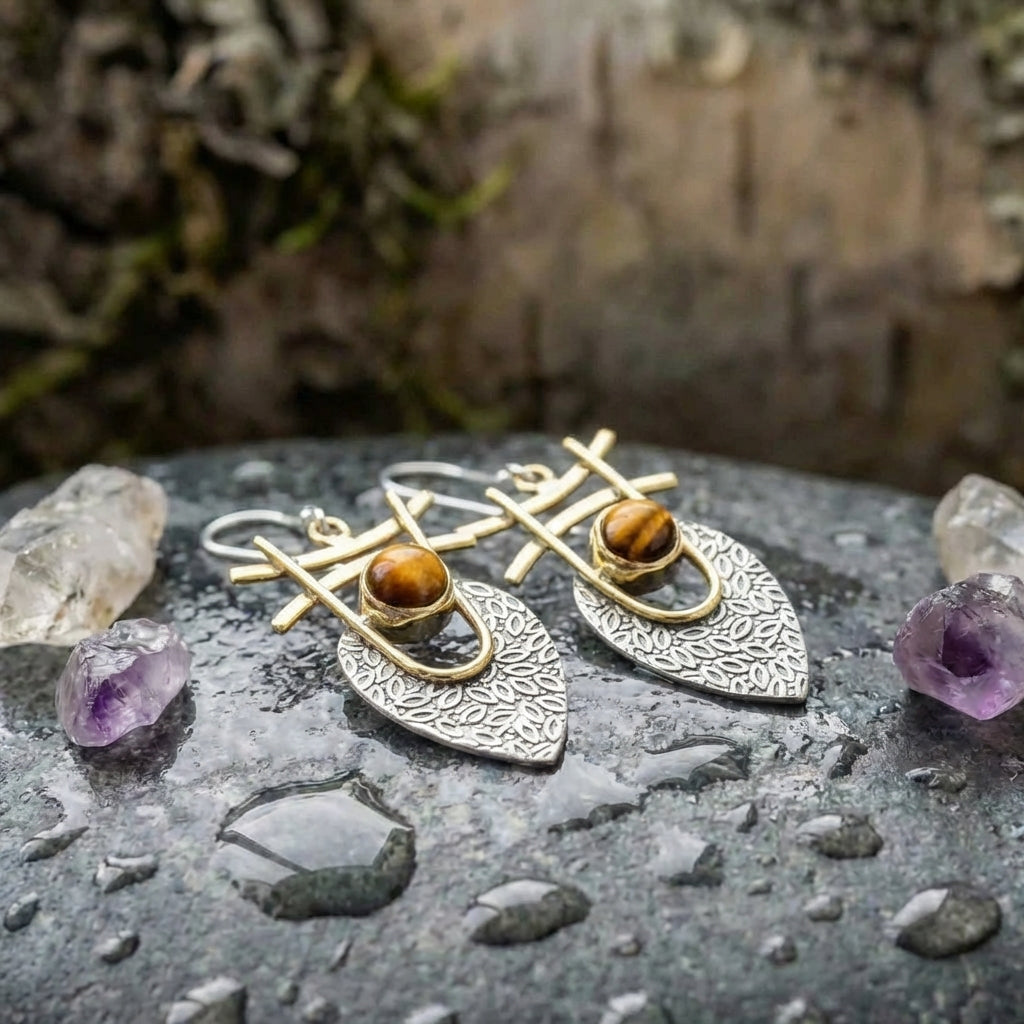 Vintage Orange Stone Gold & Silver Earrings