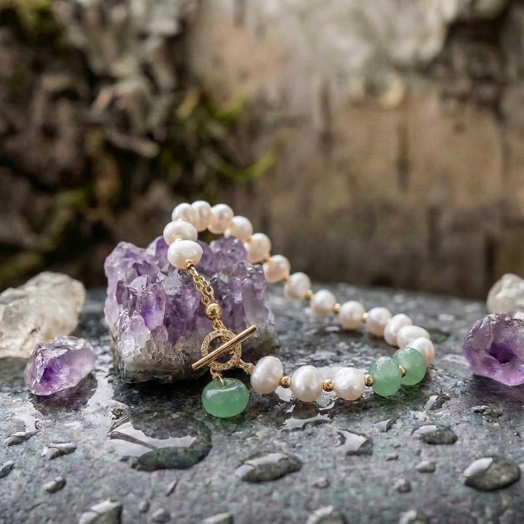 Vintage Pearl & Gold Green Gem Bracelet