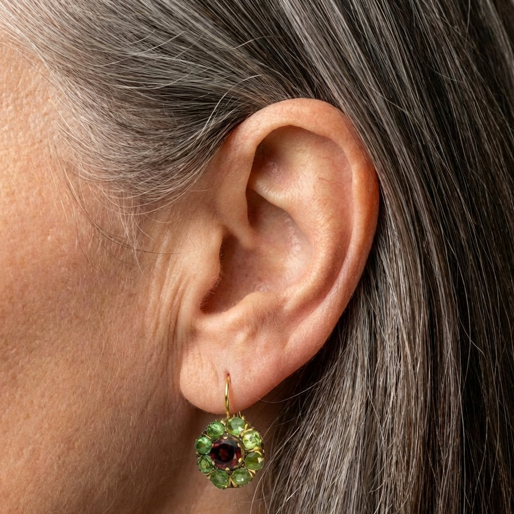 A Vintage Rounded Green & Red Crystal Earring Set