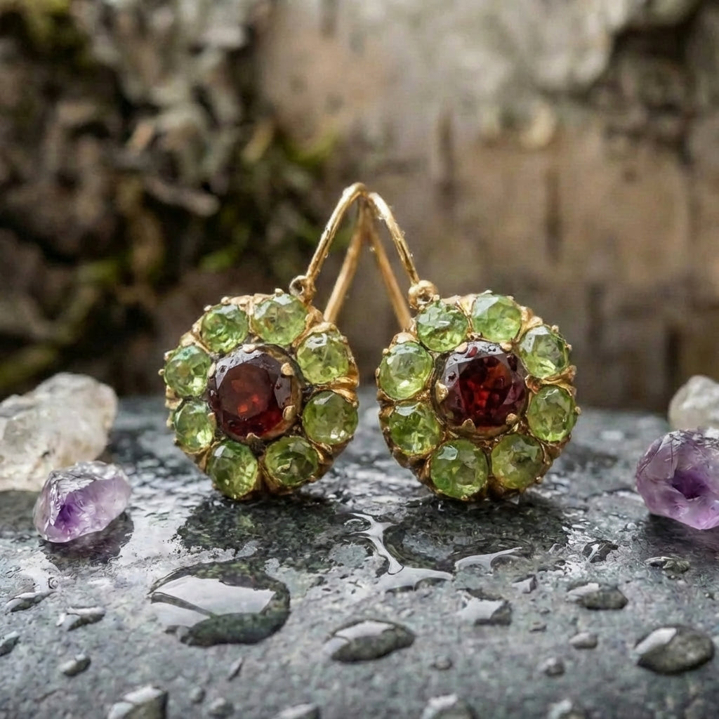 A Vintage Rounded Green & Red Crystal Earring Set