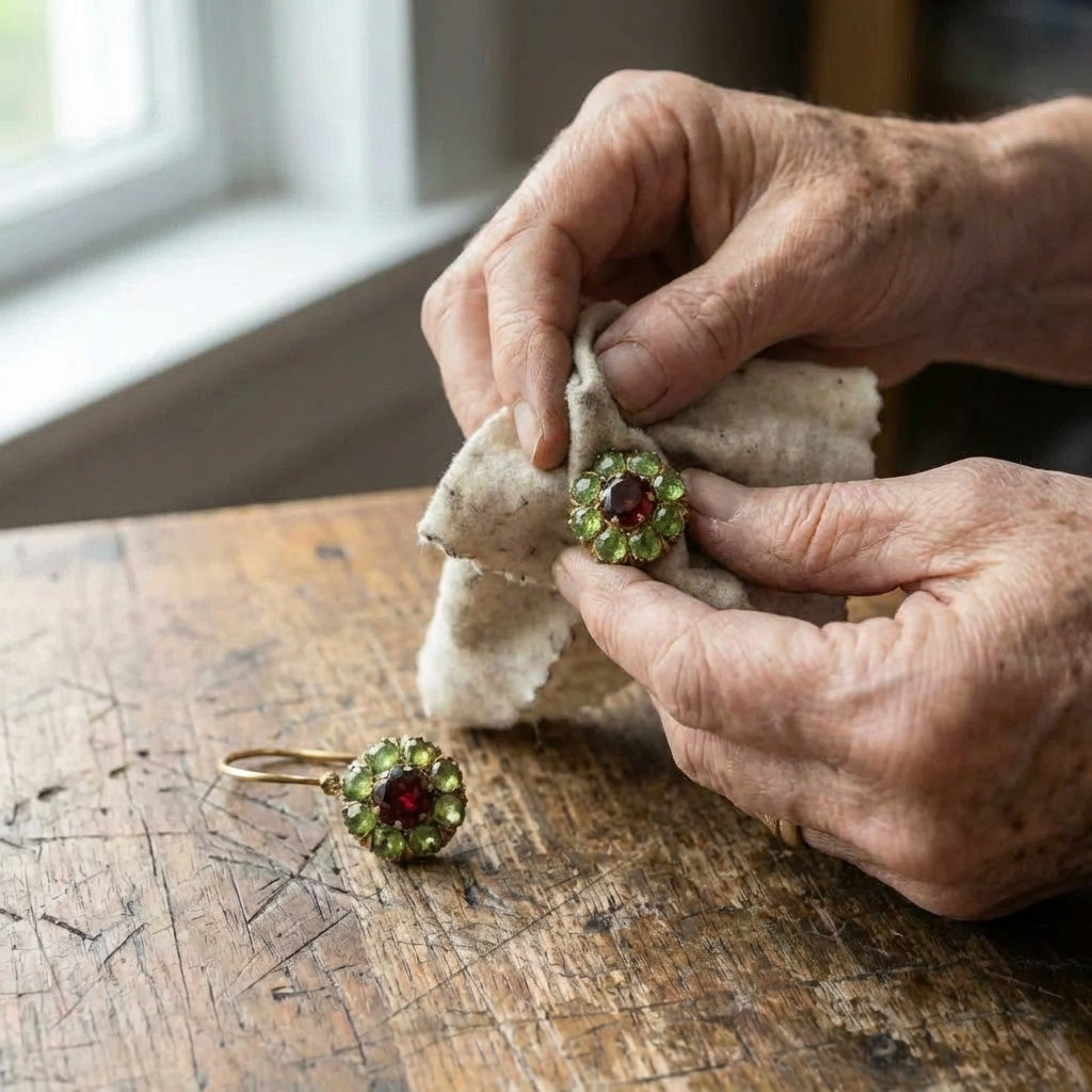 A Vintage Rounded Green & Red Crystal Earring Set