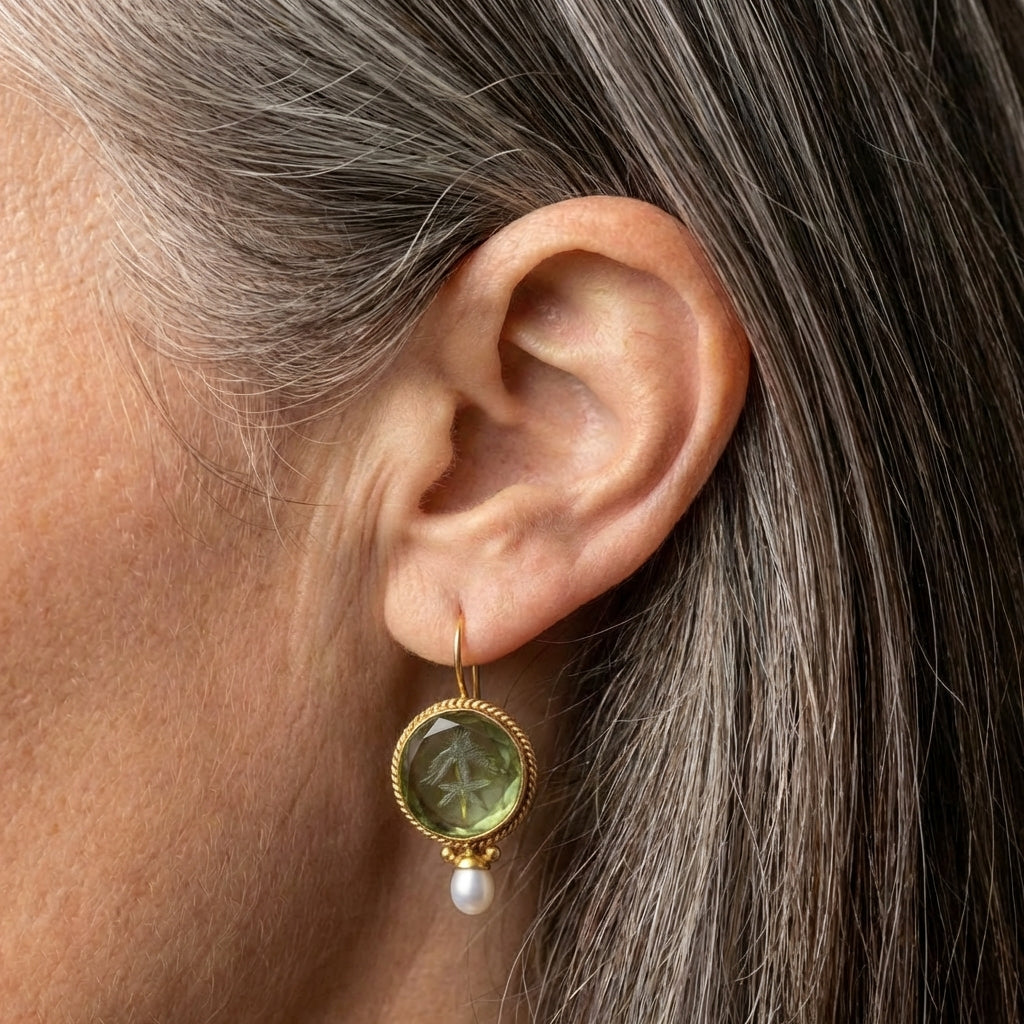 A Vintage Rounded Green Stone Pearl Earring Set