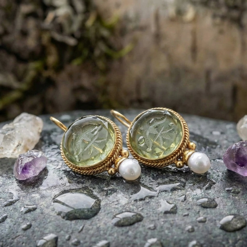 A Vintage Rounded Green Stone Pearl Earring Set