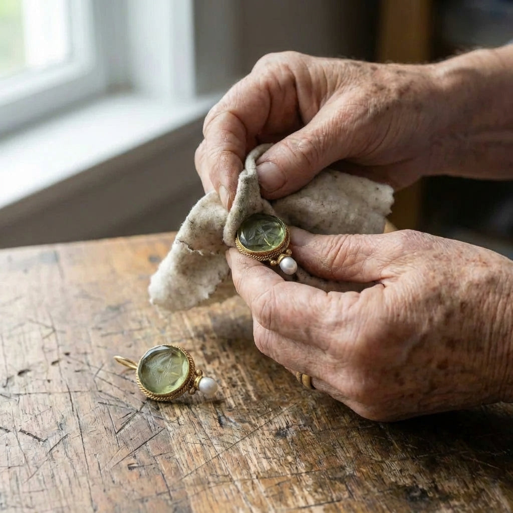 A Vintage Rounded Green Stone Pearl Earring Set