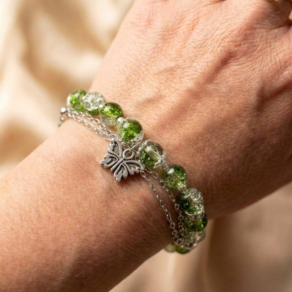 Vintage Silver Butterfly & Green Bead Bracelet